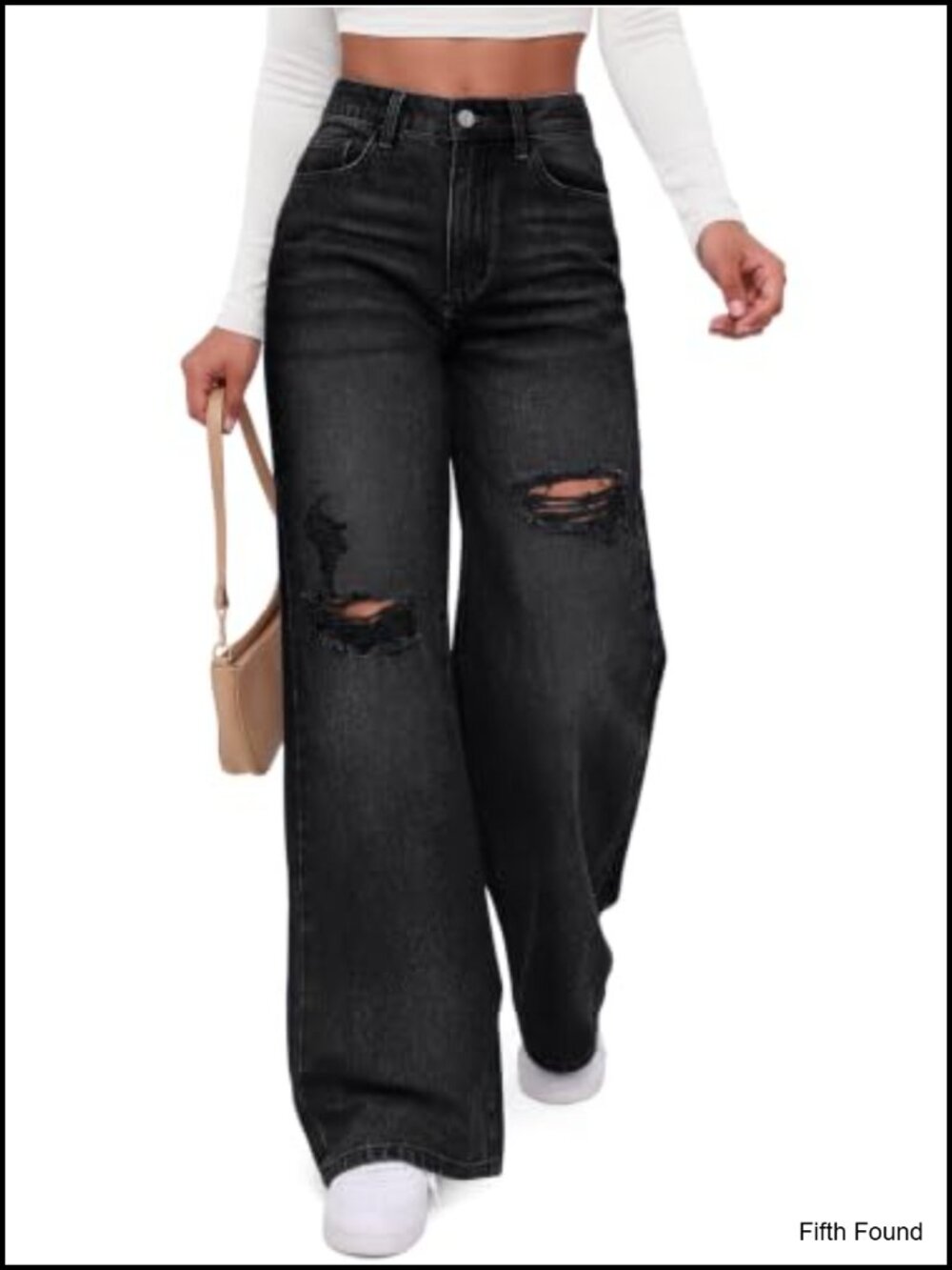 Wide Leg Ripped Jeans High Waisted 100% Cotton Rigid Denim